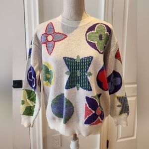 Vintage 90s Colorful Graphic Knit Sweater Abstract Geometric Oversized